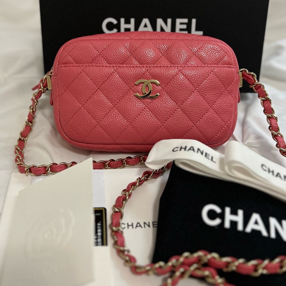 Chanel Iridescent Caviar Small Timeless Camera Case Coral